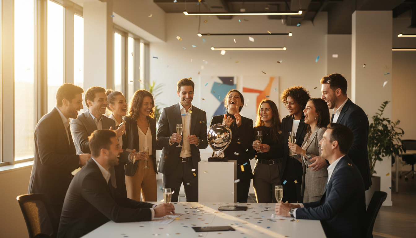 Team celebrating achievement at modern office event with laughter and candid interactions