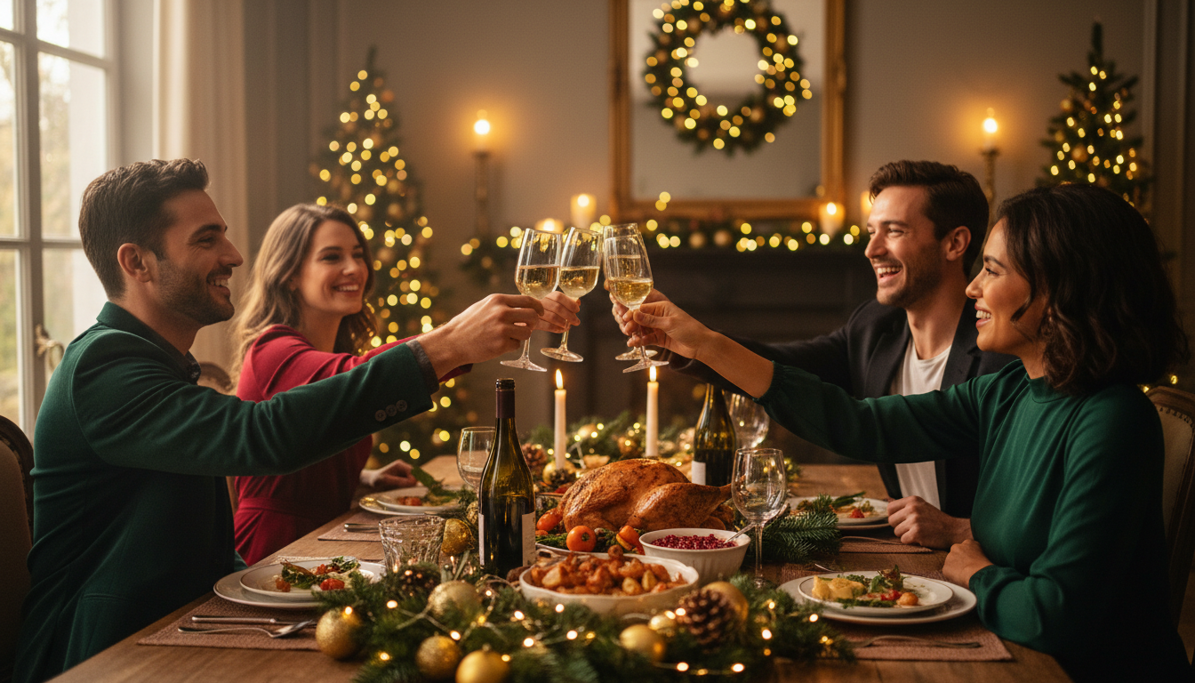 Friends toasting at festive holiday dinner party