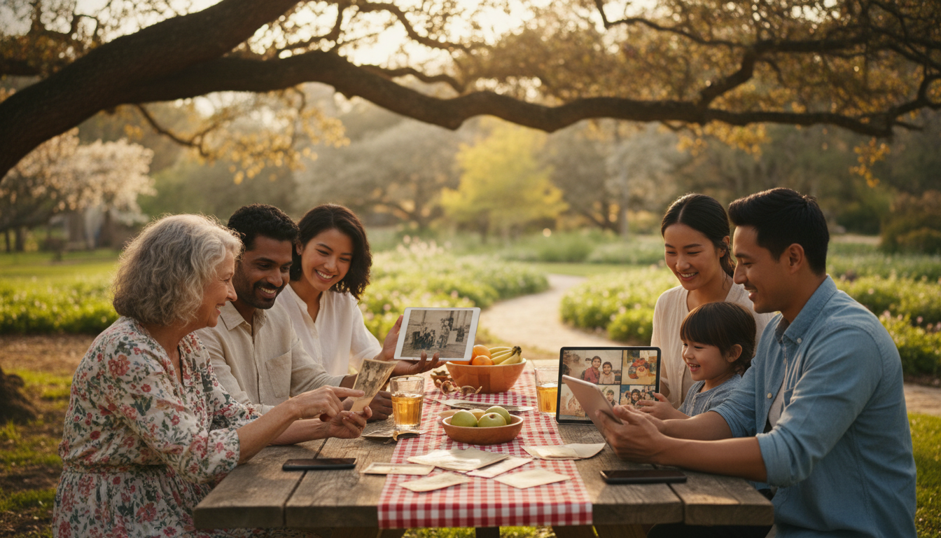 Four generations gathered around picnic table outdoors sharing old photos and digital tablets