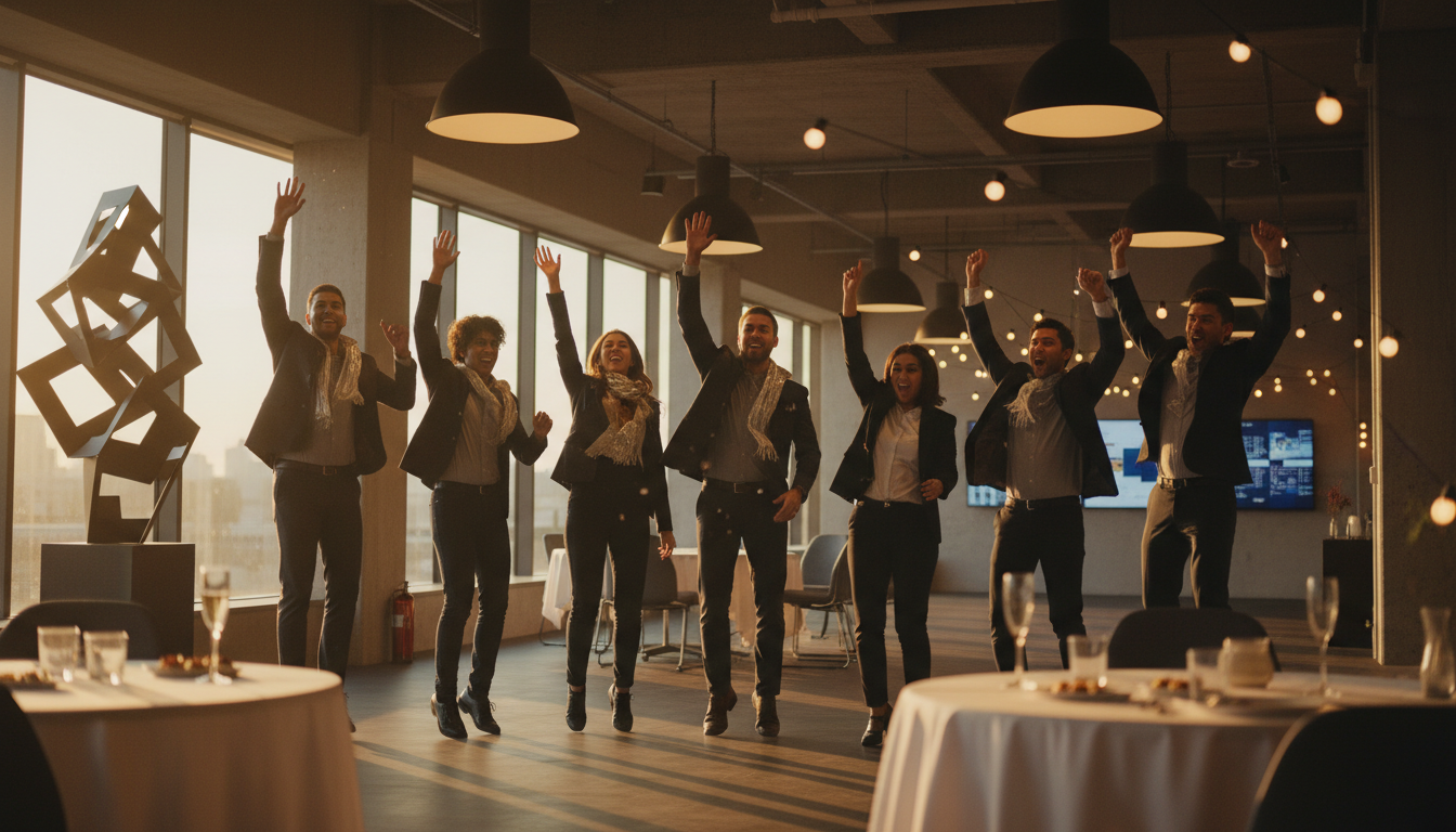 Team celebrating achievement at modern office event