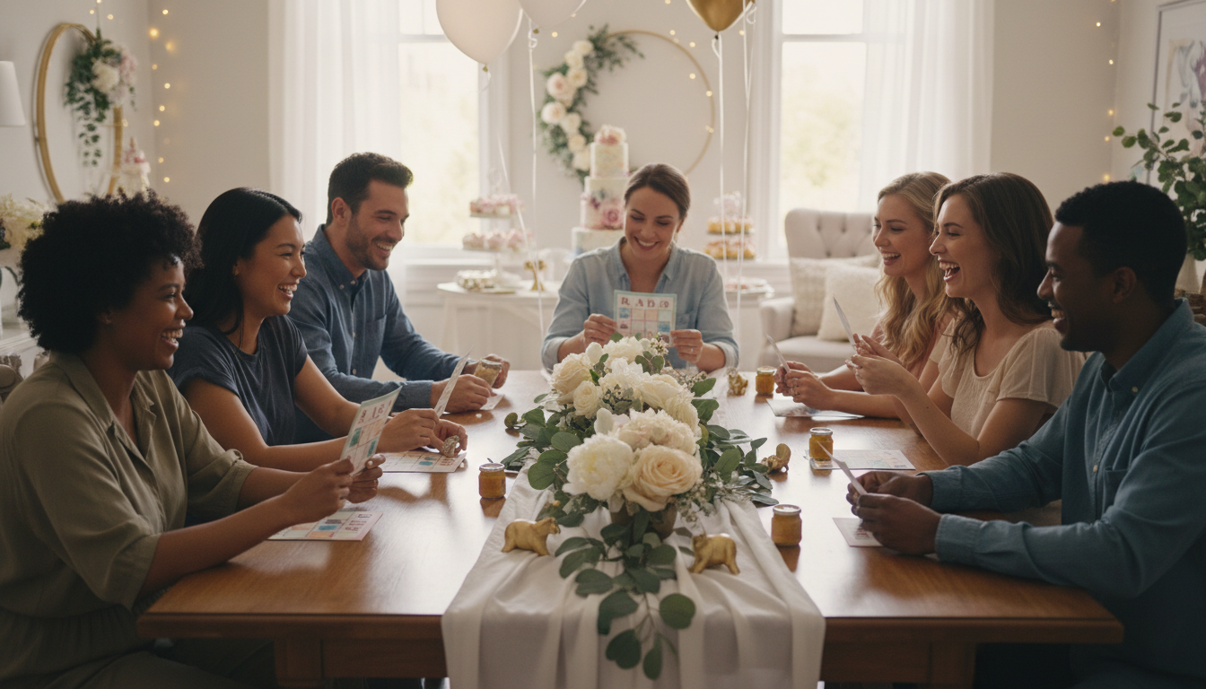 Guests playing games at elegantly decorated baby shower