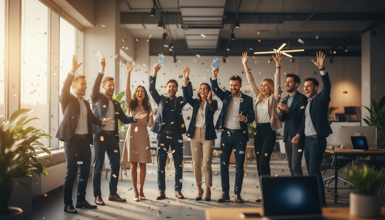 Team celebrating achievement at modern office event